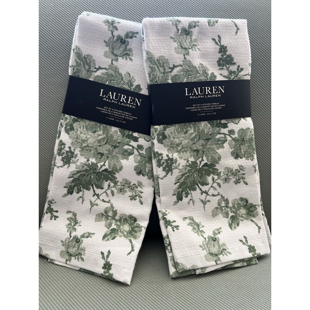 RALPH LAUREN KITCHEN TOWELS WHITE GREEN FLOWERS Floral 100% COTTON 4 Piece New